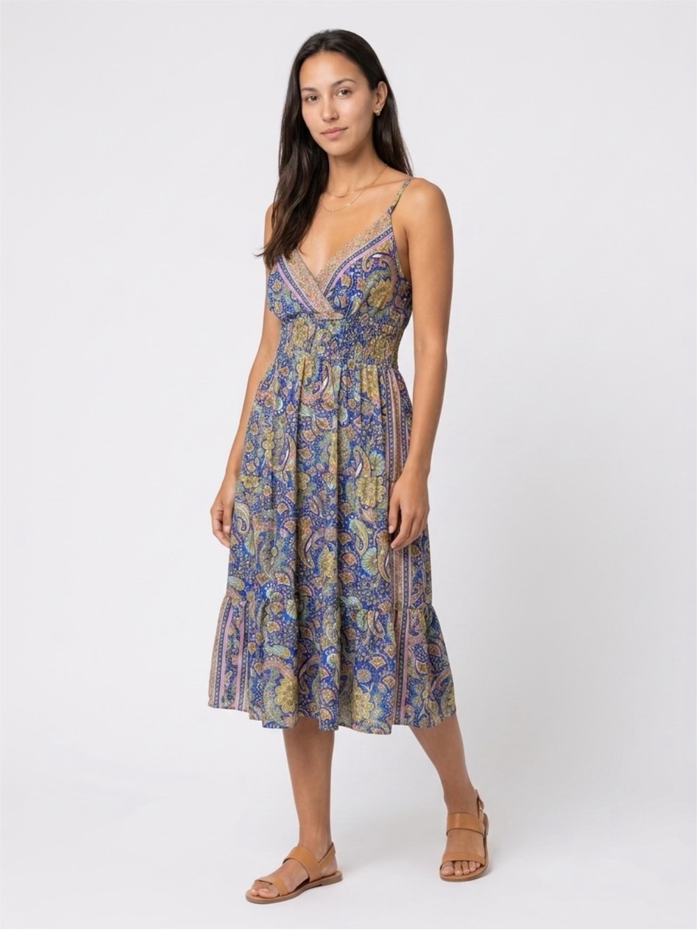 Bohemian Paisley Art Silk Blend Spaghetti Strap Tiered Halter Sundress - Blue